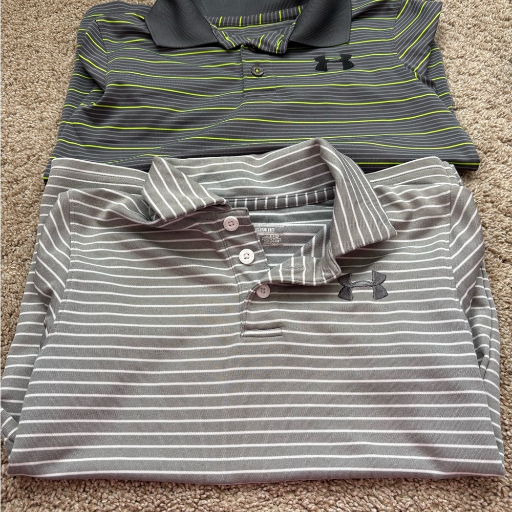 Two Under Armour boys Polo Shirts - Black, Green, and Gray Stripes